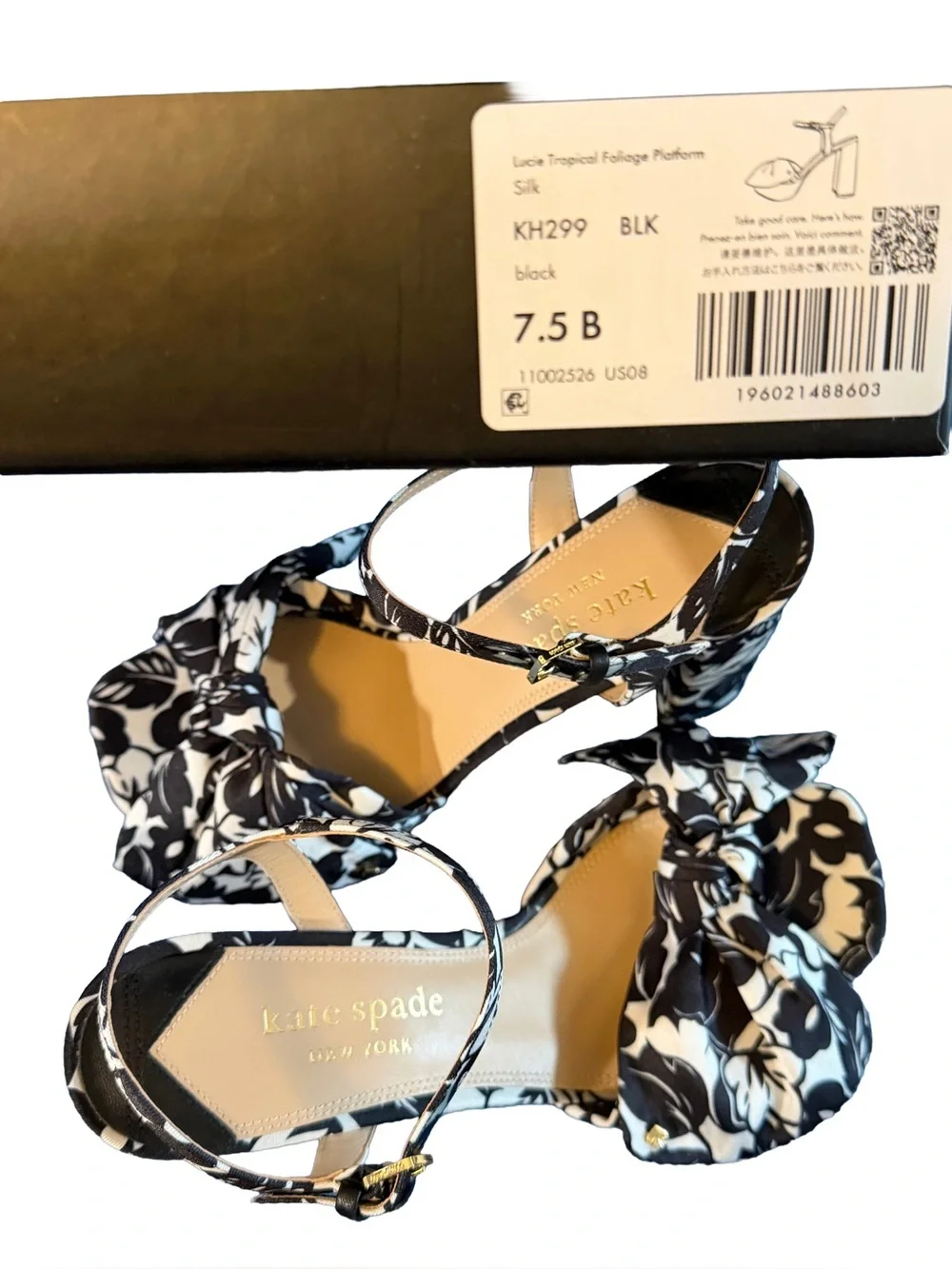 Kate Spade Lucie Tropical Foliage Black & White Platform Sandals, 8B=M NWT